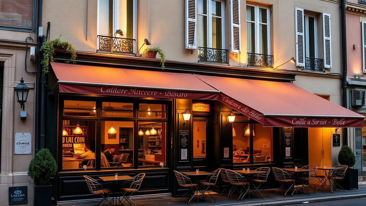 Façade d'un bistrot lyonnais éclairé en soirée avec sa terrasse