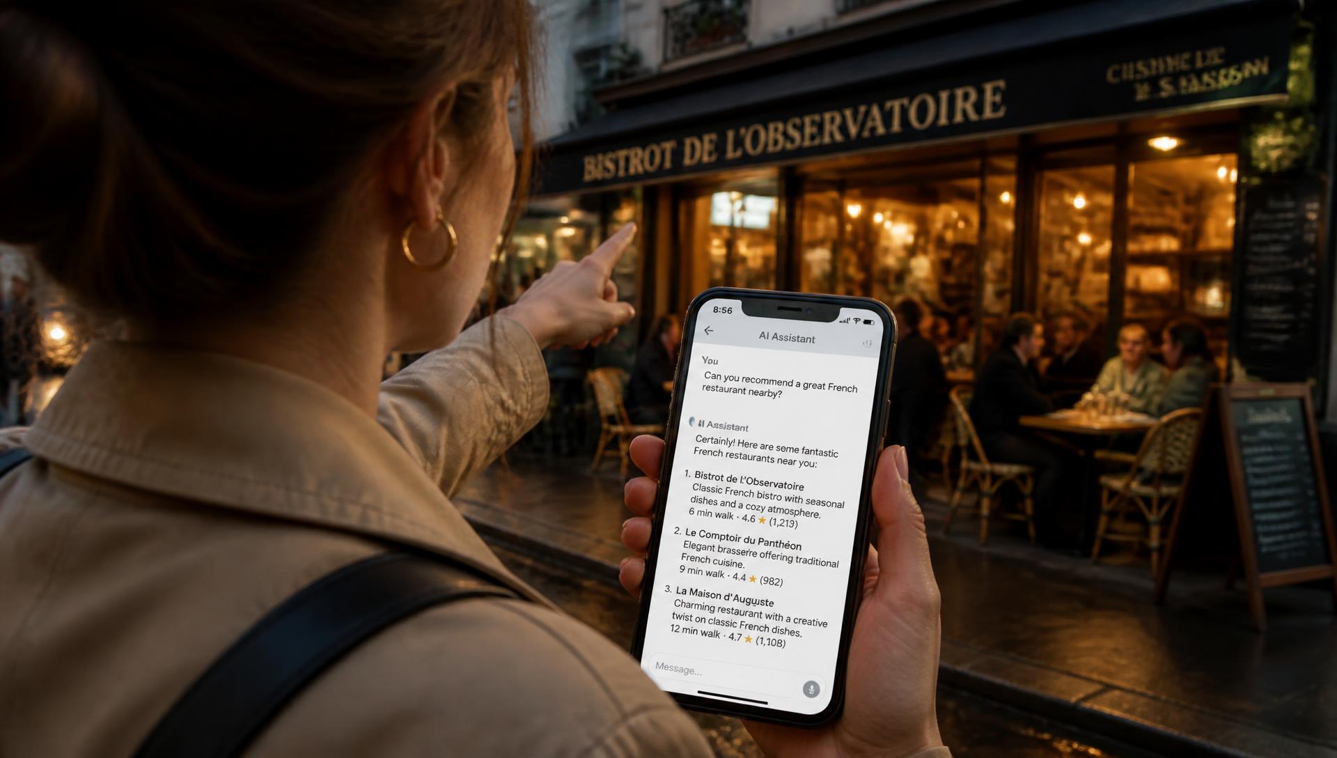 Une cliente devant un restaurant montre du doigt l'établissement recommandé par une IA sur son téléphone